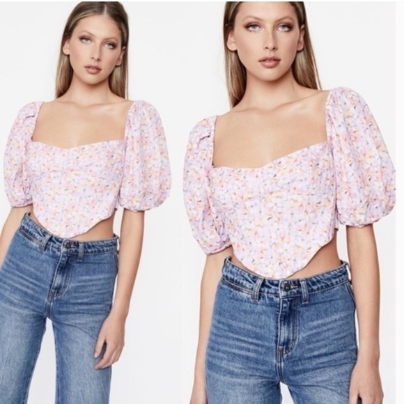 Bardot Tops - Bardot Kiah Pink Blossom Floral Puff Sleeve Corset Top